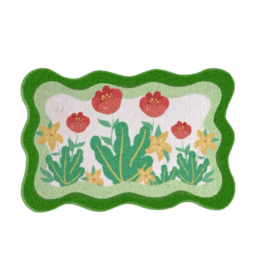 Green wavy floral bath mat rug
