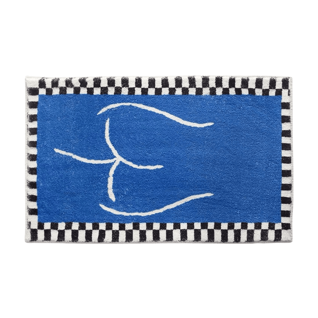 Blue booty bath mat rug with a blue rectangular design, black and white checkered border, and white hand line drawing
