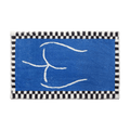 Blue booty bath mat rug with a blue rectangular design, black and white checkered border, and white hand line drawing