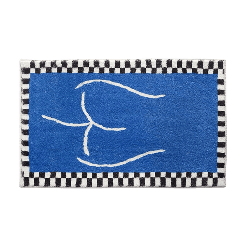Blue booty bath mat rug with a blue rectangular design, black and white checkered border, and white hand line drawing