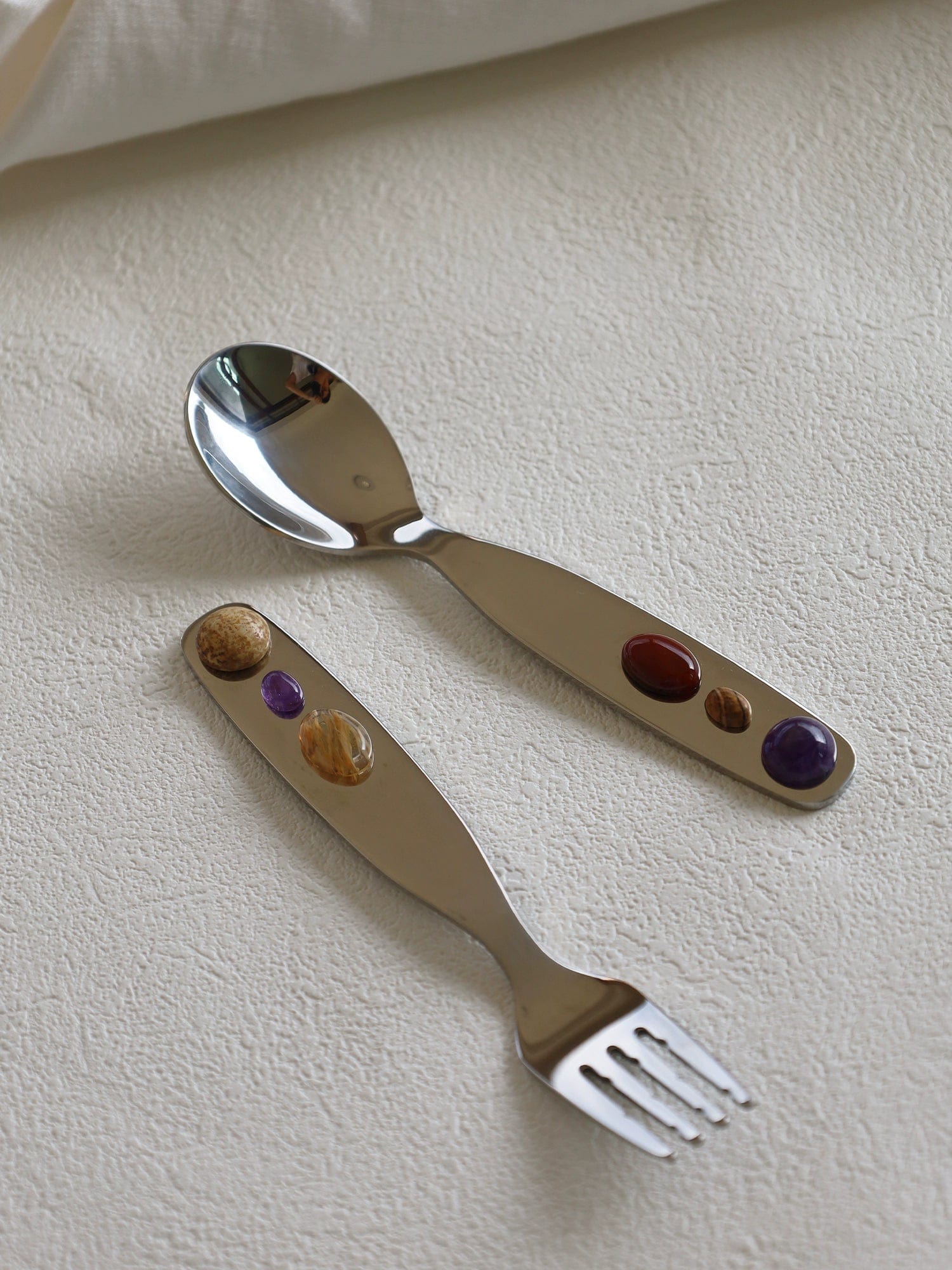 Beaded Silver Spoon Fork with Stones