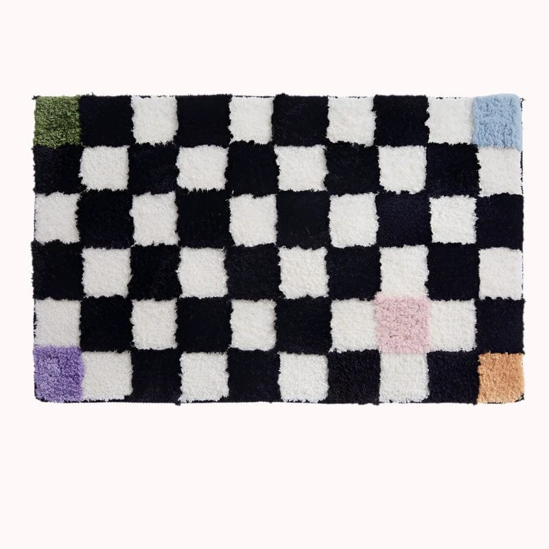 Floral Black and White Checkered Bath Mat Rug