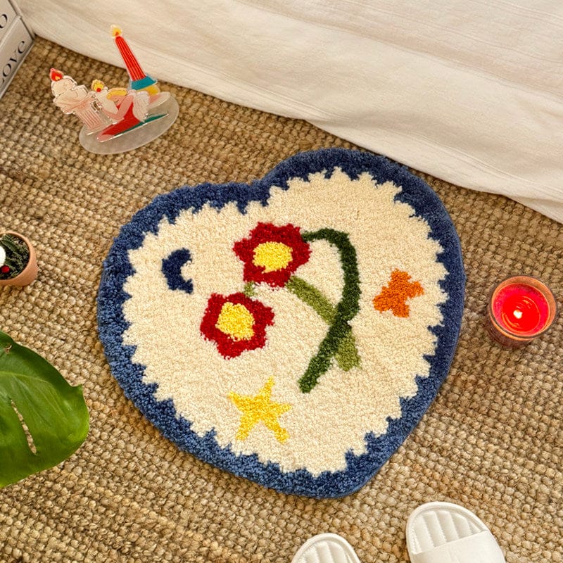 Blue Floral Heart Shaped Bath Mat Rug
