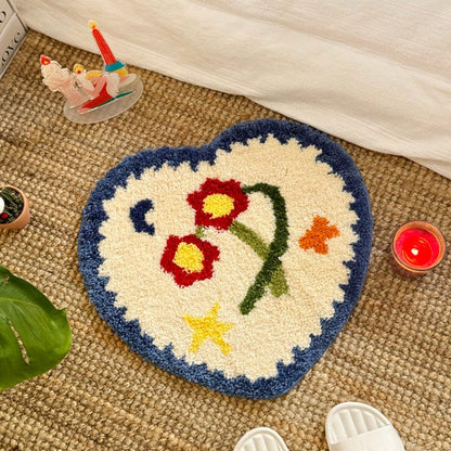Blue Floral Heart Shaped Bath Mat Rug