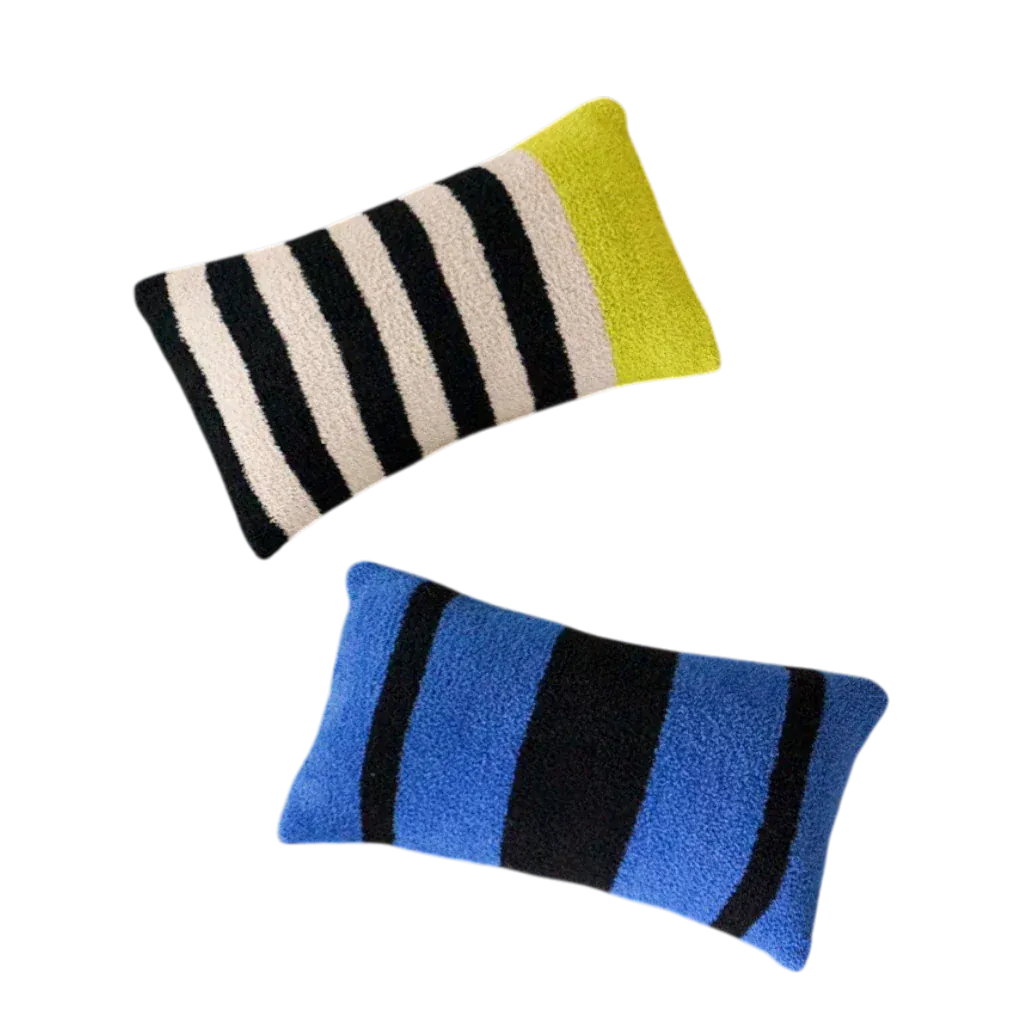 HOMELIVY lumbar pillows with black and white stripes and a lime green end, and blue and black stripes.