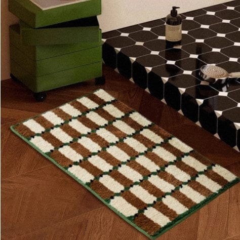 HOMELIVY retro plaid rug with brown, cream, and green geometric pattern. Soft texture, suitable for bathrooms or kitchens.