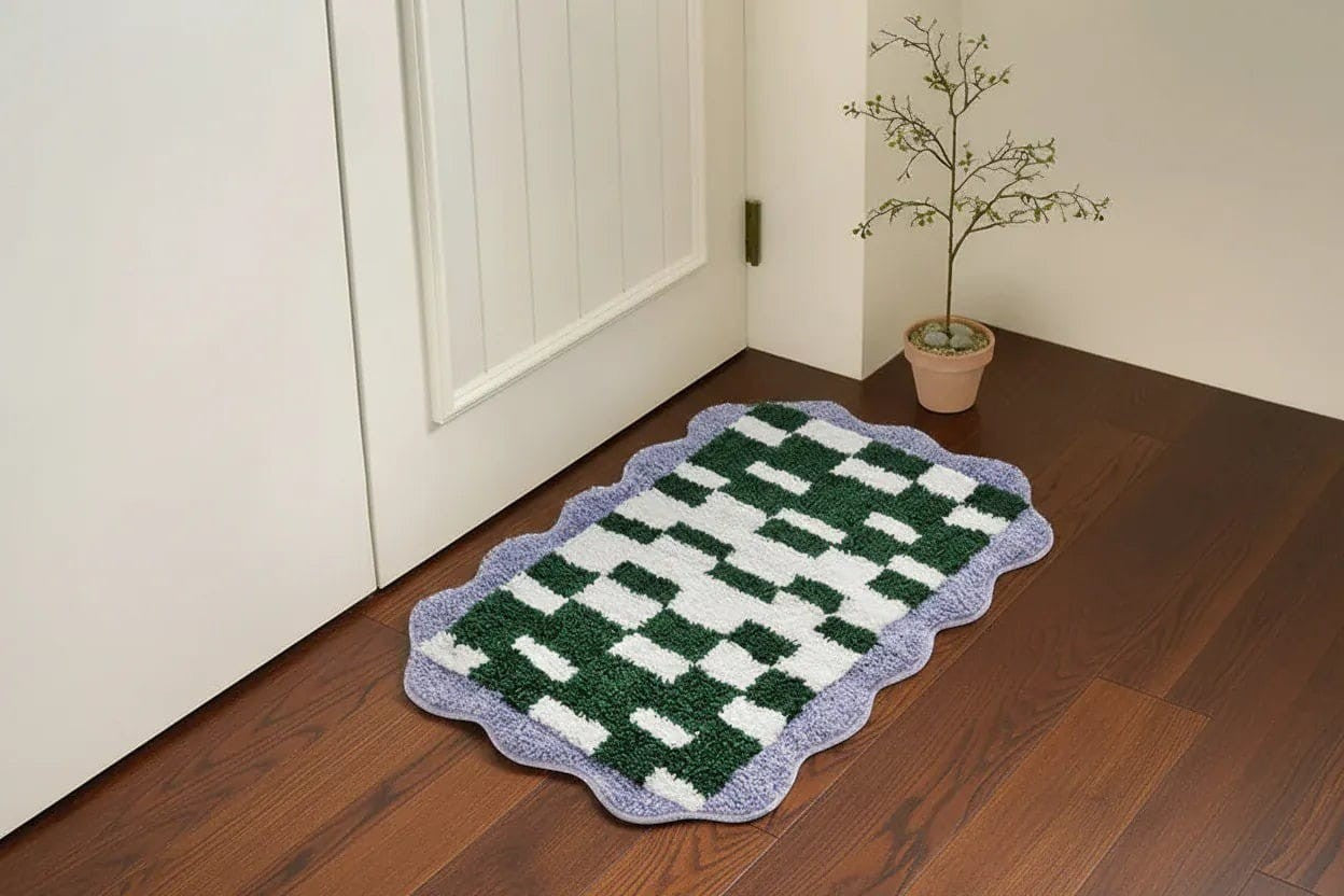 Cream White & Green Funky Retro Checkered Bath Mat Rug