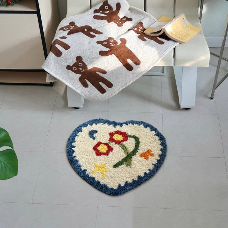 Cute Blue Heart Shaped Floral Bath Mat 