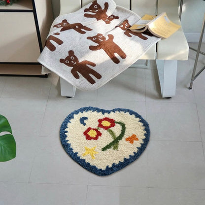 Cute Blue Heart Shaped Floral Bath Mat 