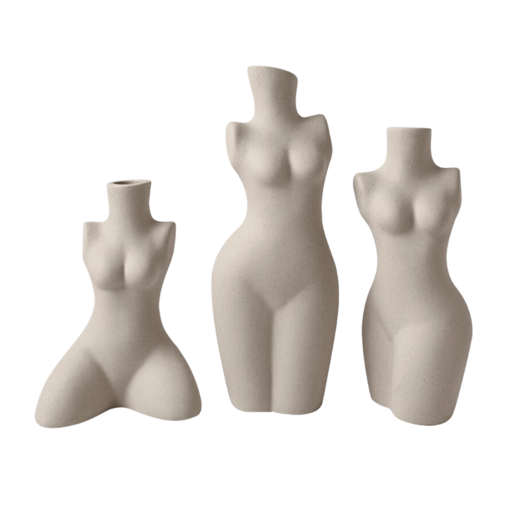Three off-white ceramic body shaped vases minimalist female torso design for home decor and flower display