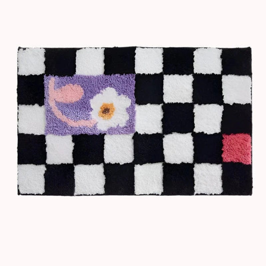 Floral Black and White Checkered Bath Mat Rug