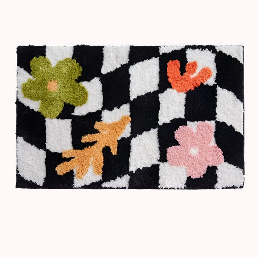 Floral Black and White Checkered Bath Mat Rug