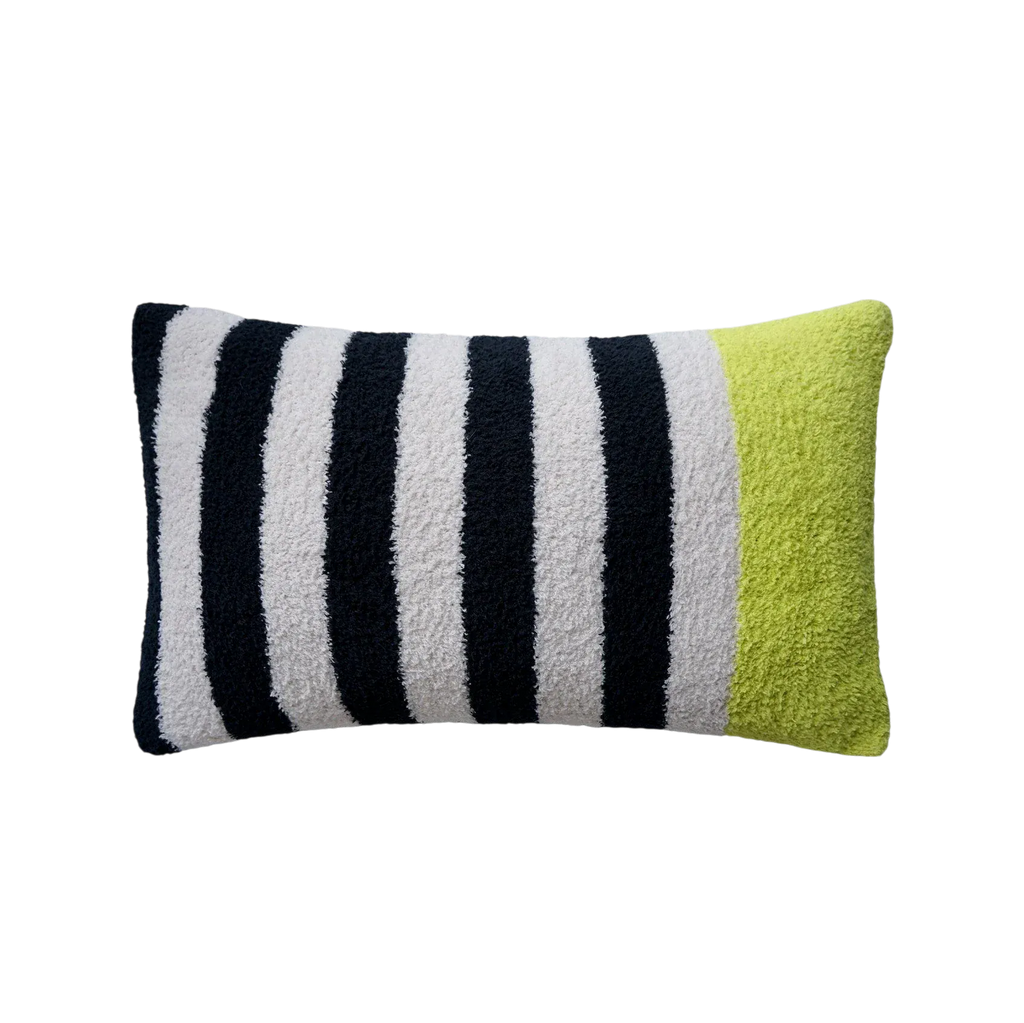 HOMELIVY Bouclé lumbar pillow with black, white, and lime green stripes. Textured fabric.