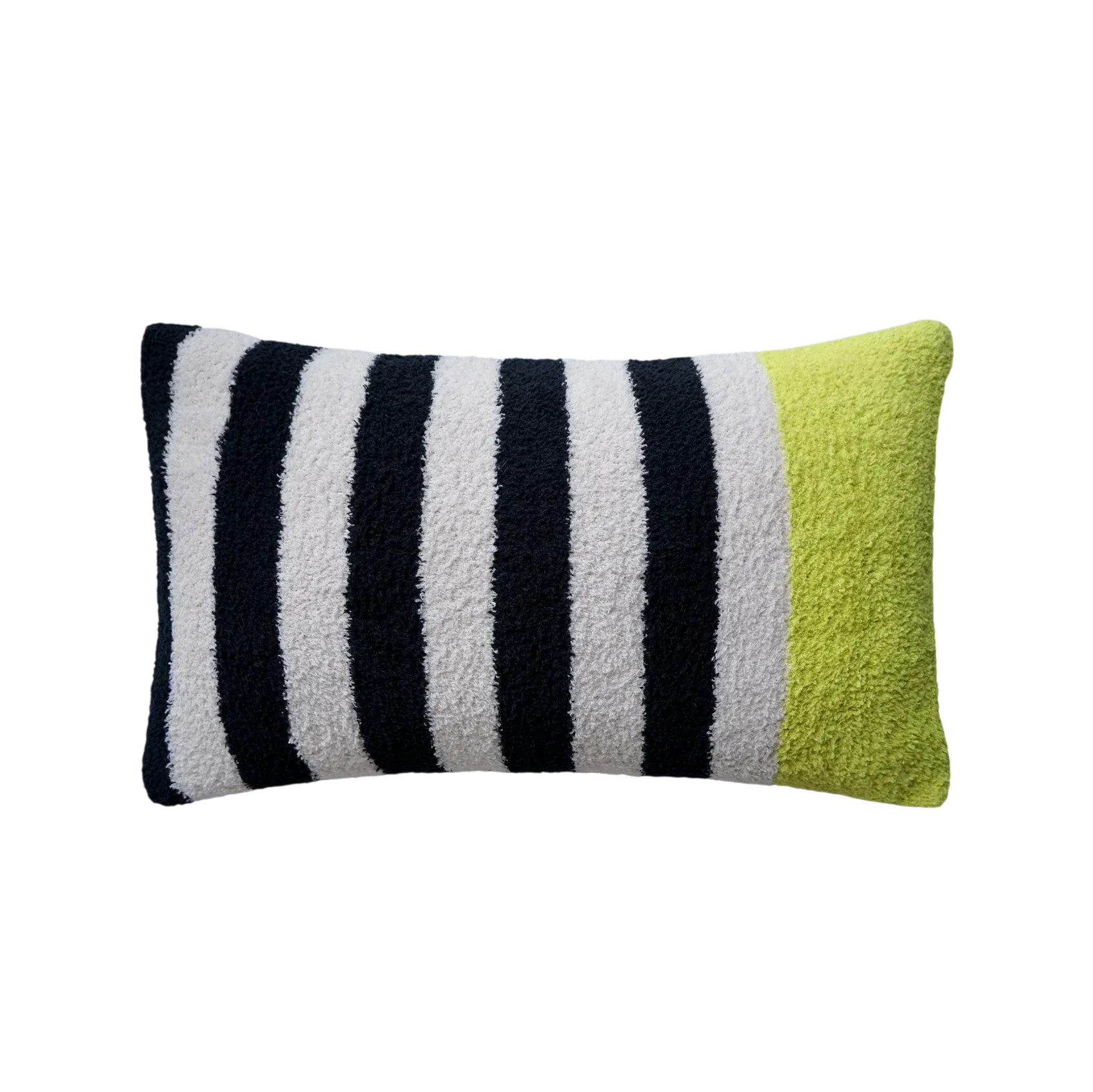HOMELIVY Bouclé lumbar pillow with black, white, and lime green stripes. Textured fabric.