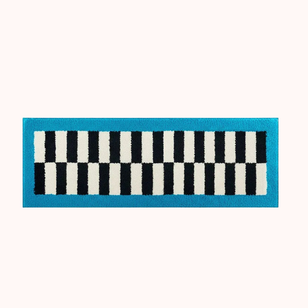 Rectangular mat with black and white striped pattern on a blue border