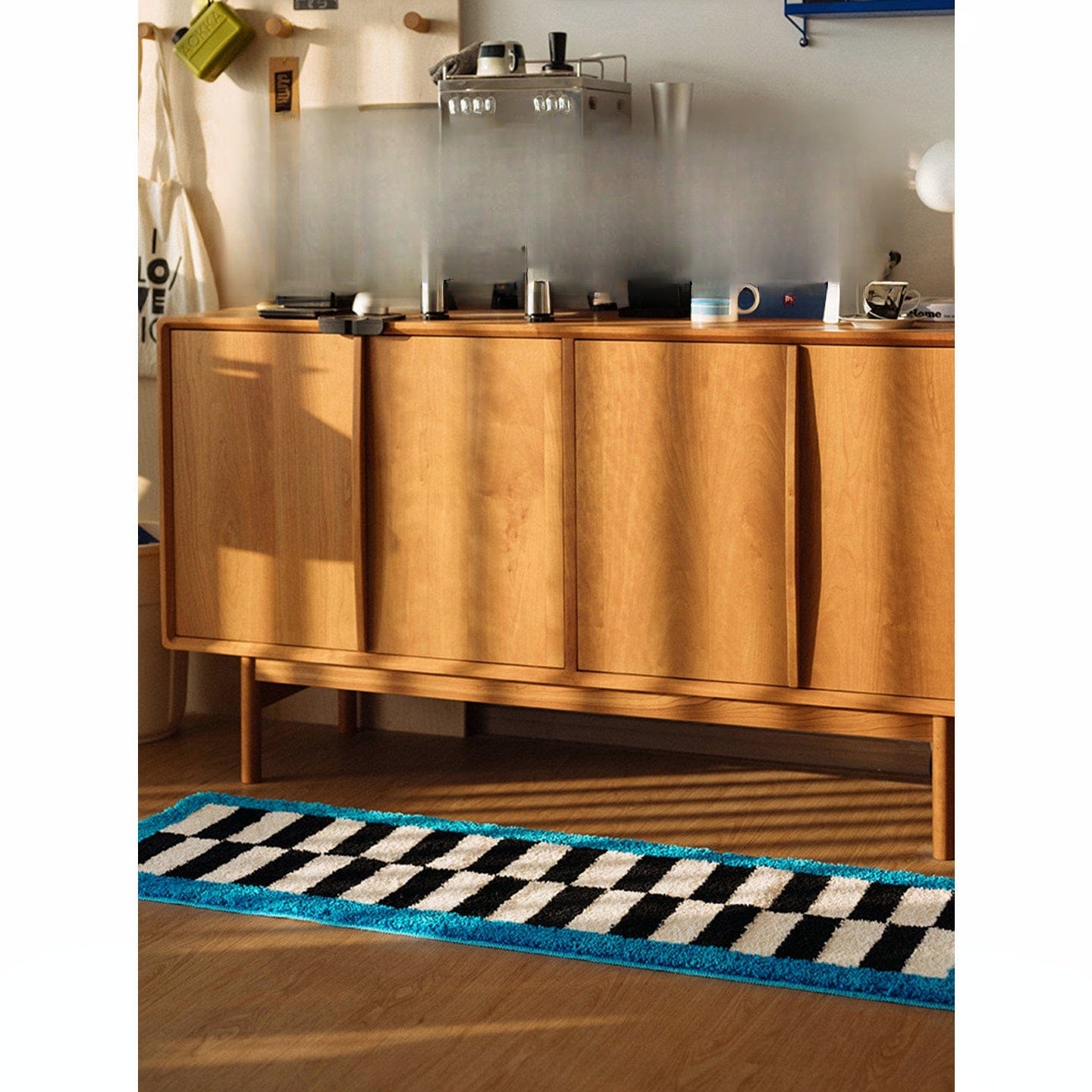 Funky Retro Blue Checkered Runner Rug