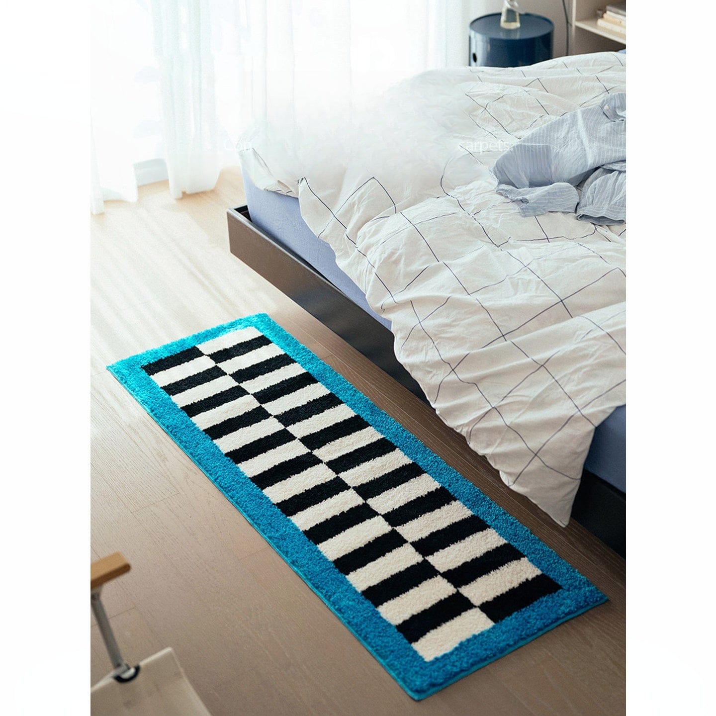 Funky Retro Blue Checkered Runner Rug