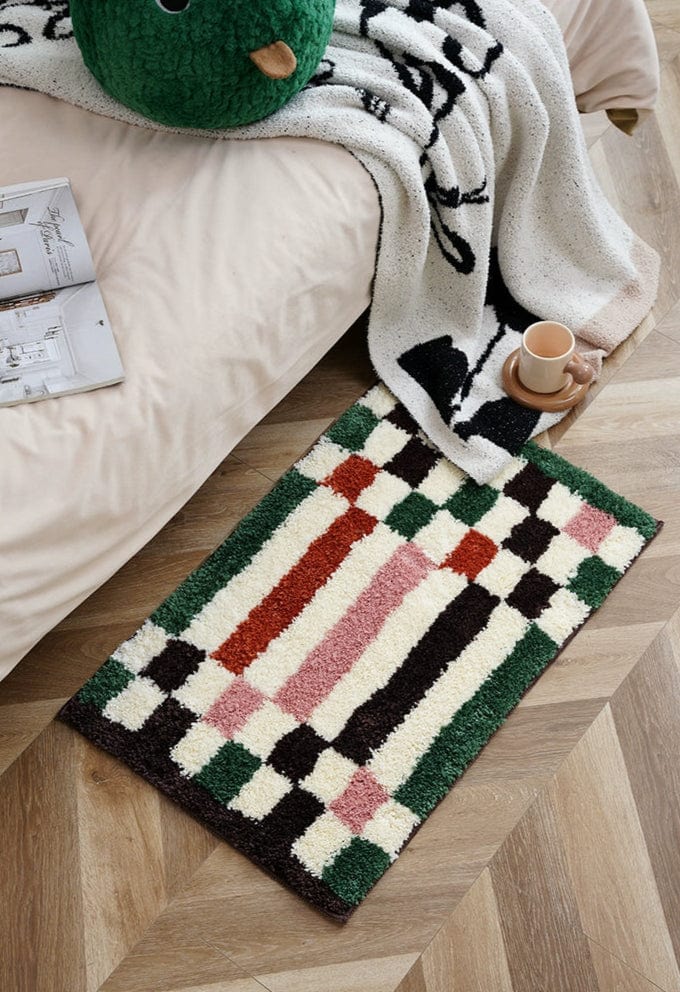 Green White Retro Checkered Bath Mat Rug