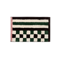 Retro checkered plaid rectangular bath mat with plush textured dark green cream stripes and a pink border edge