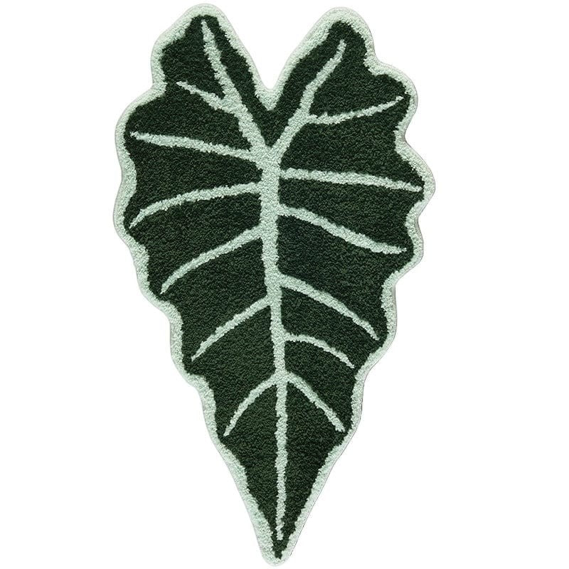 Dark green plush alocasia plant leaf rug with light green vein detailing for cozy home decor