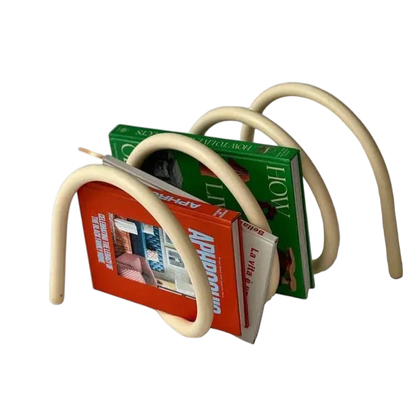 Cream-colored curved spring book holder with sleek minimalist design for hands-free reading and display