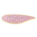 Pink leaf shaped rug with textured pink surface yellow border and white polka dots for cozy decor