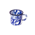 HOMELIVY retro ceramic mug with a swirling blue and white marble pattern and a dark blue rim. 340ml capacity.