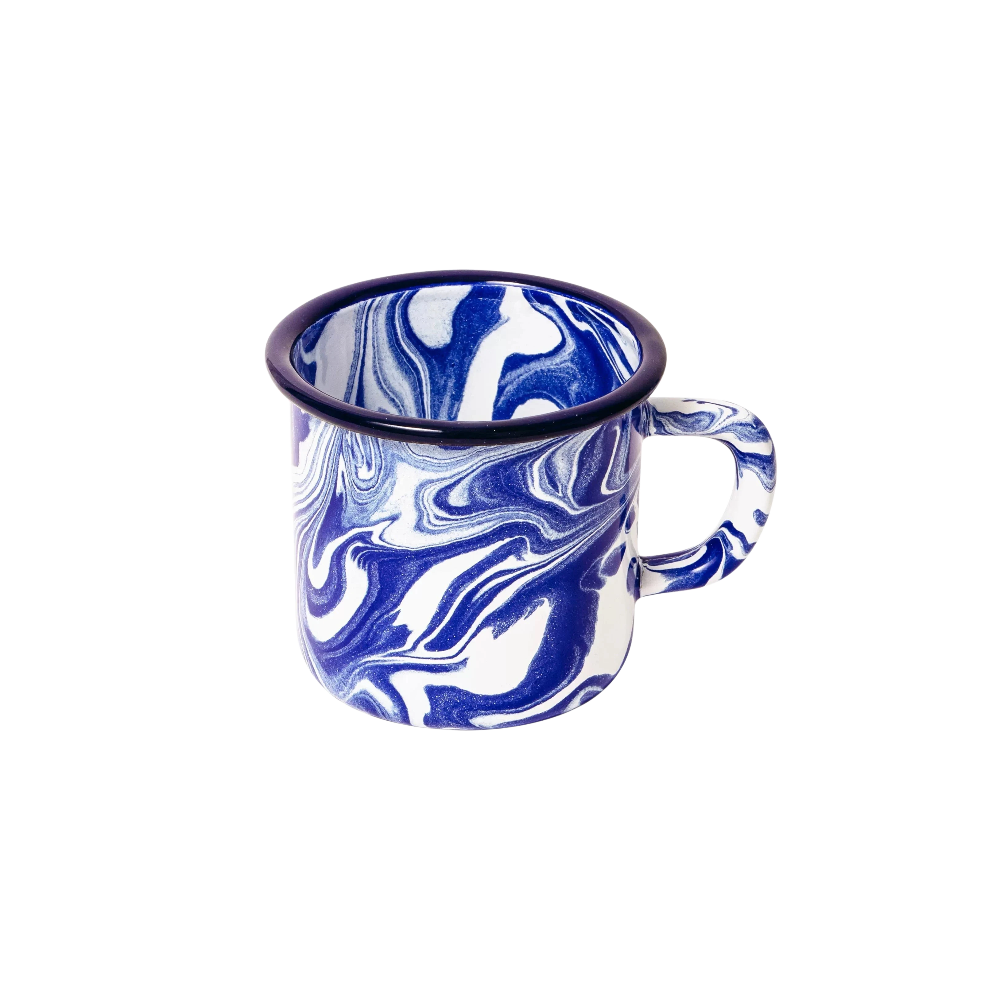 HOMELIVY retro ceramic mug with a swirling blue and white marble pattern and a dark blue rim. 340ml capacity.