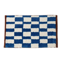 HOMELIVY blue and white checkered shag rug with brown trim. Retro checkerboard design.