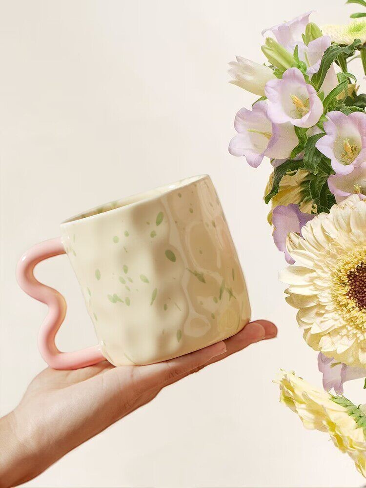 Speckled Pink Wavy Handle Pastel Aesthetic Mug