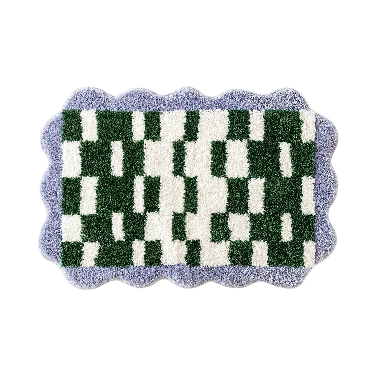 Soft wavy checkered retro bath mat with green and cream white pattern