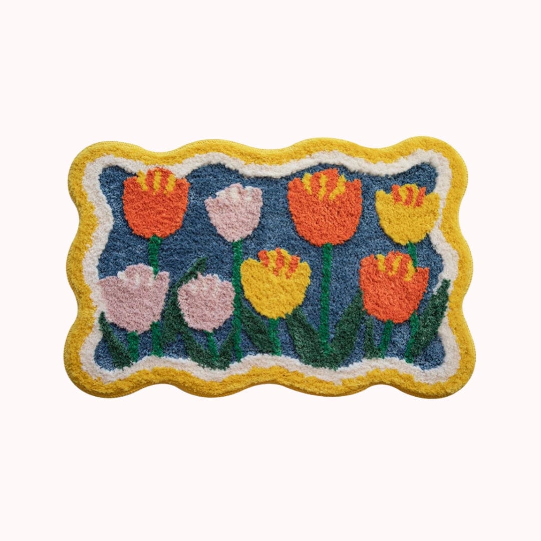 Yellow Tulip Flower Wavy Rug Bath Mat