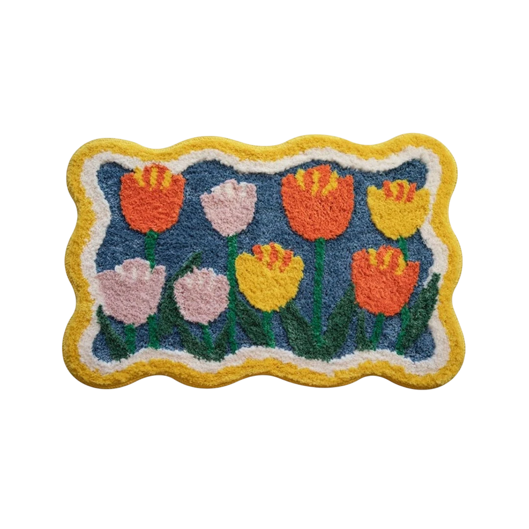 Yellow Tulip Flower Wavy Rug Bath Mat