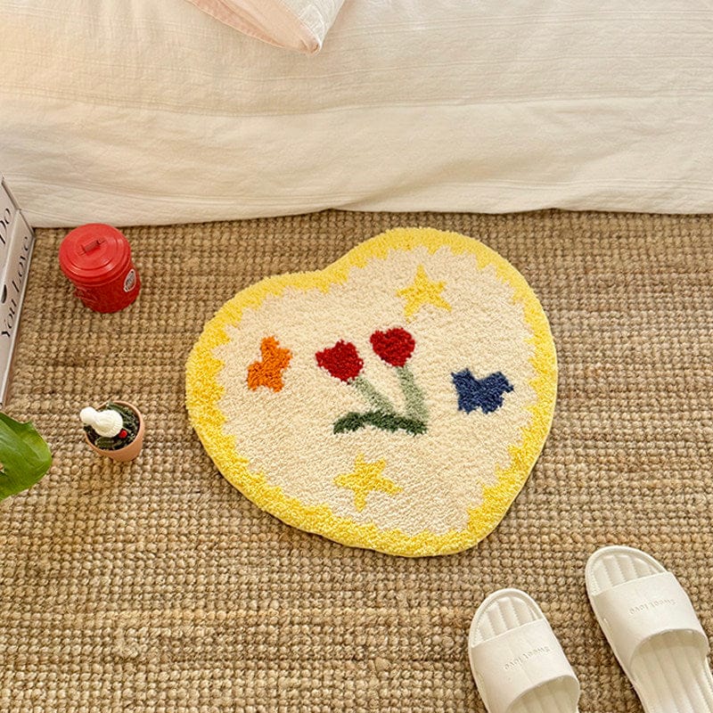 Yellow Heart Shaped Floral Bath Mat Rug