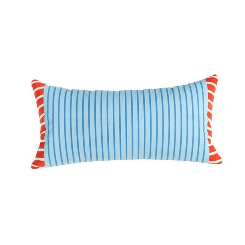 HOMELIVY rectangular throw pillow with blue and dark blue vertical stripes and red and white striped sides.