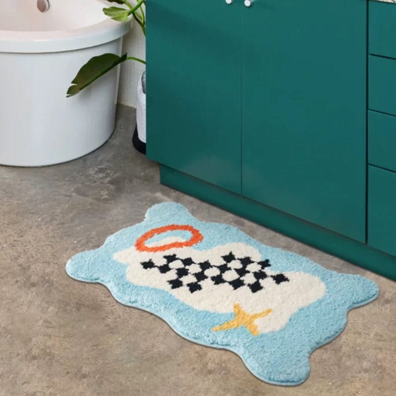 Checkered Blue Wavy Funky Bath Mat Rug