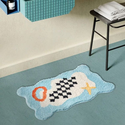 Checkered Blue Wavy Funky Bath Mat Rug