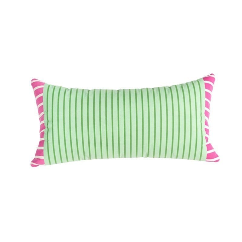 HOMELIVY pastel green lumbar pillow with vertical dark green stripes and pink striped ends.