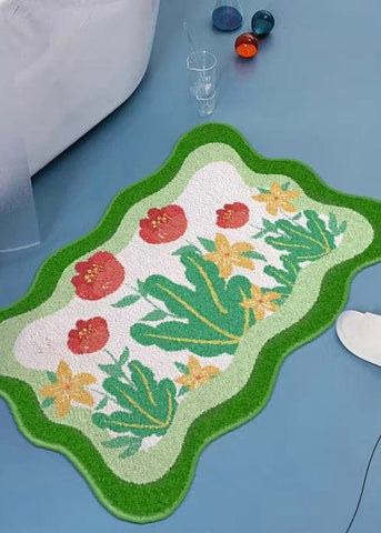 Green floral wavy bathroom rug