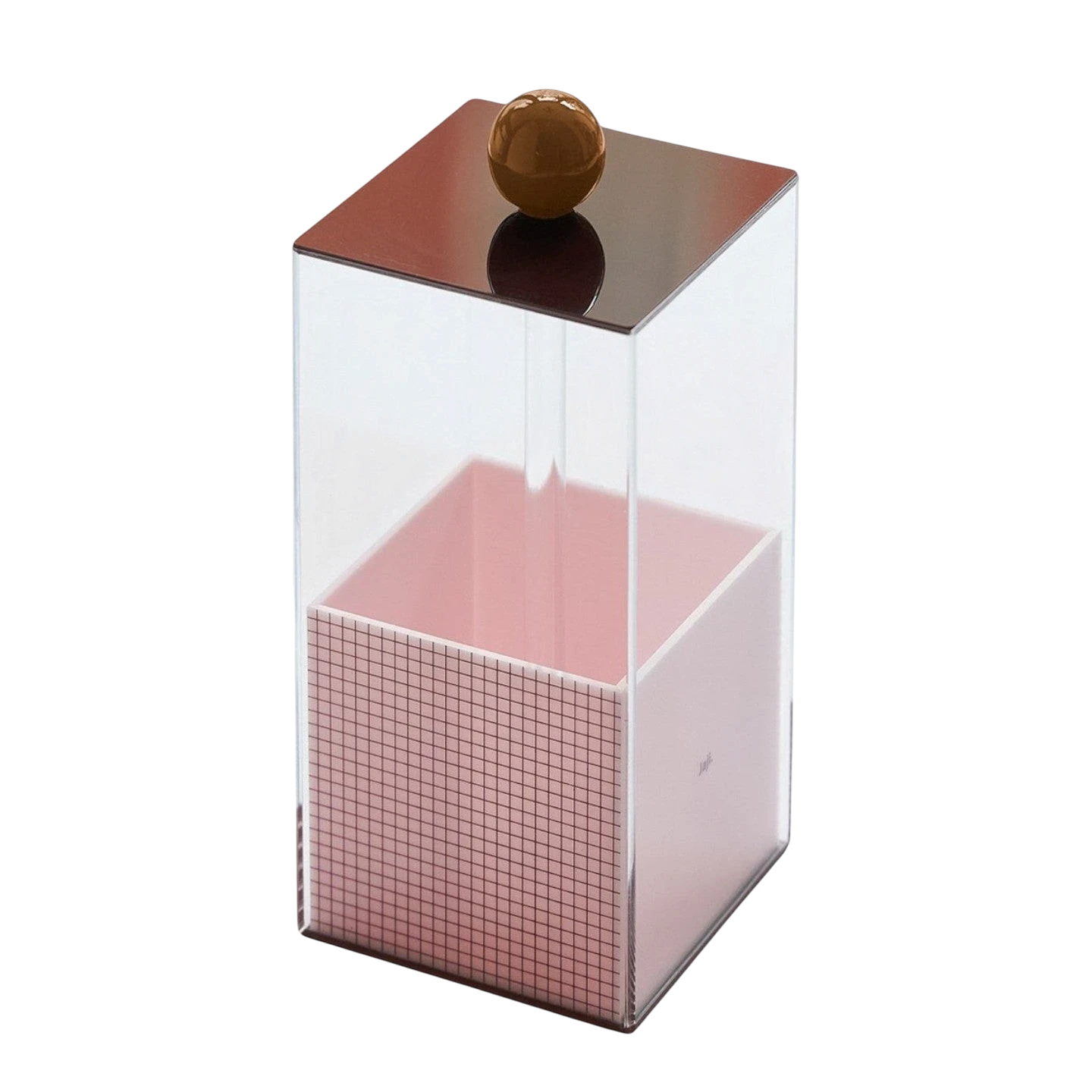 HOMELIVY Quirky Memphis acrylic brush holder with pink grid interior and brown sphere accent on lid. Clear acrylic exterior.