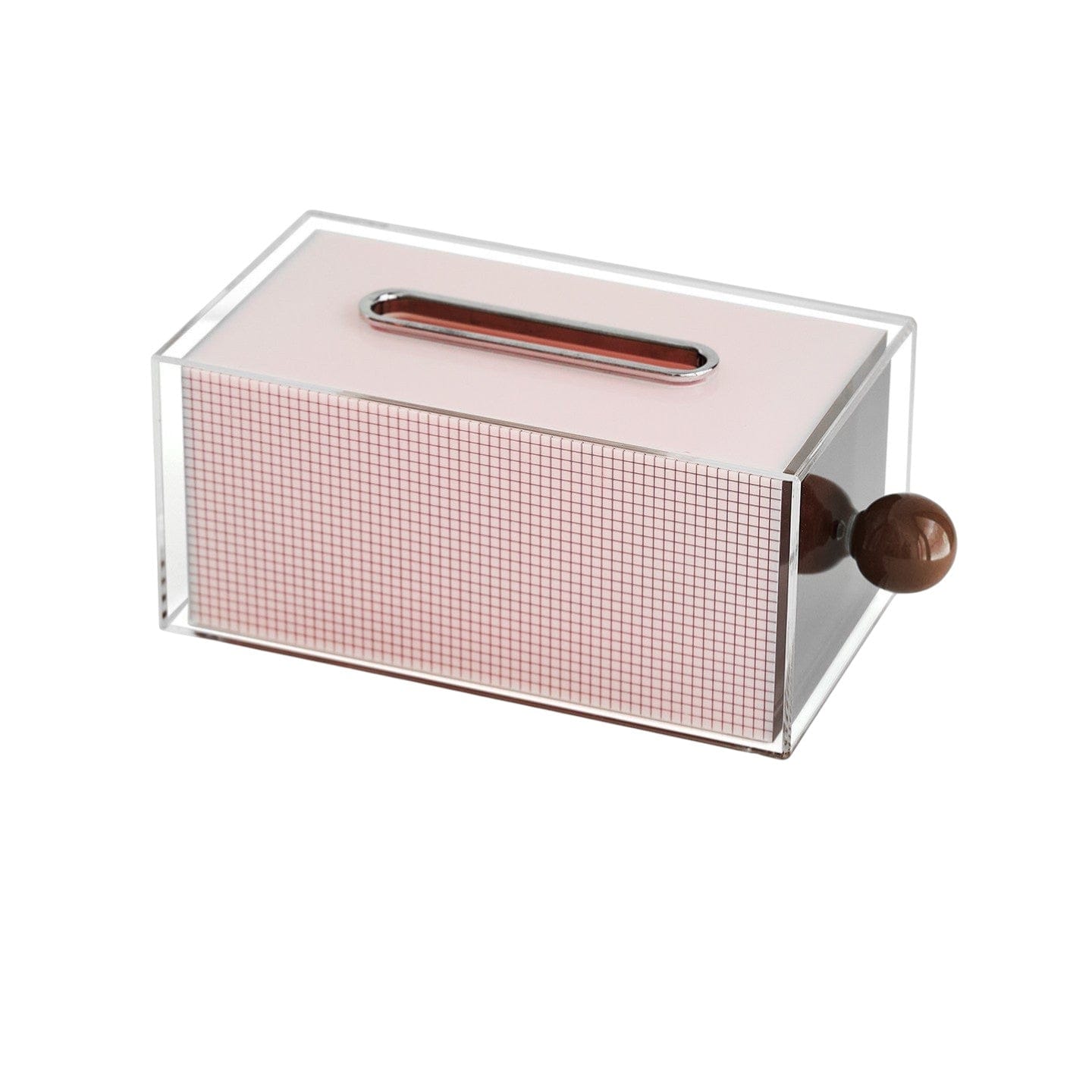 HOMELIVY clear acrylic tissue box holder with pink grid pattern and brown ceramic knob. Retro Memphis-style design.