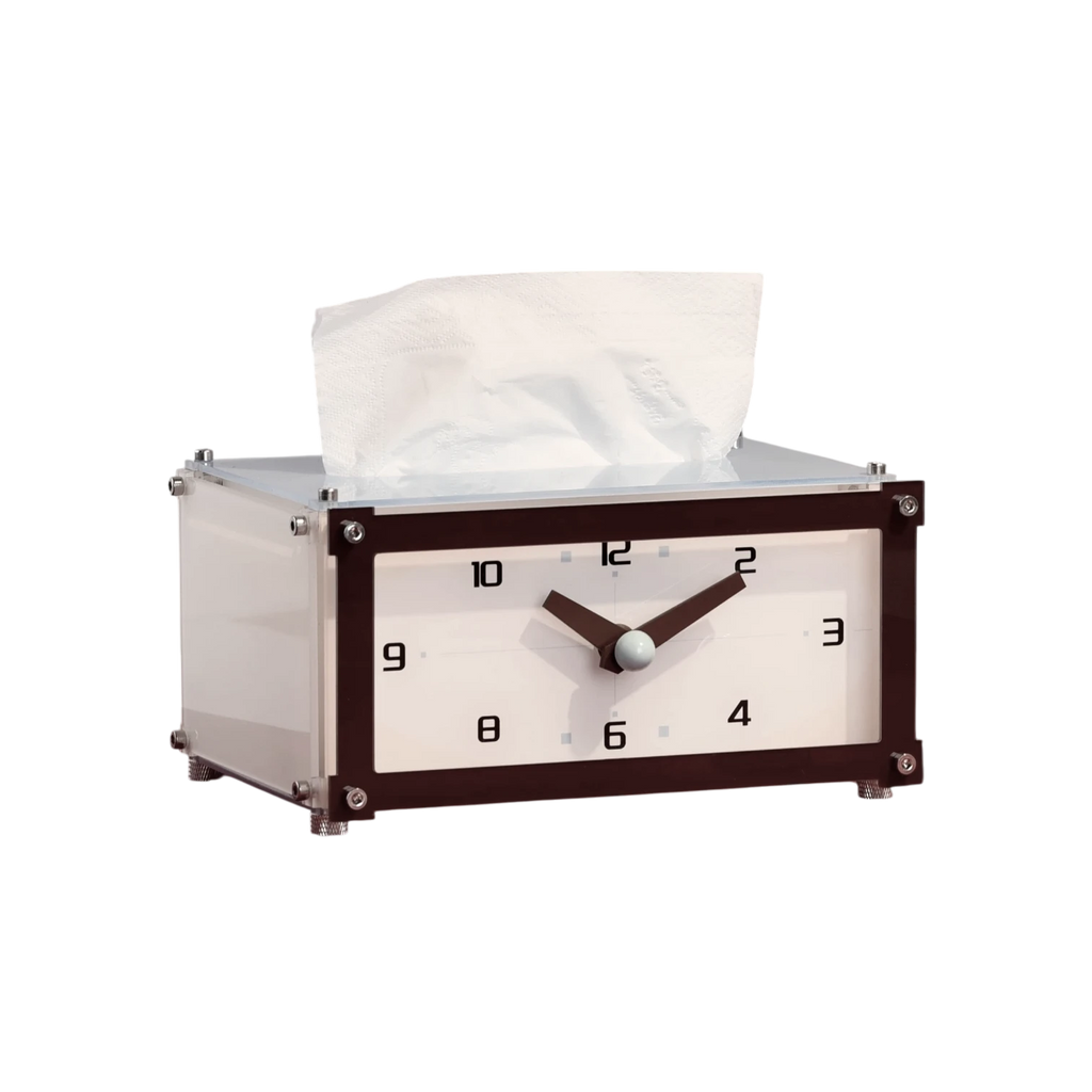 HOMELIVY analog clock tissue box in white and dark brown acrylic with a functional clock face design.