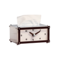 HOMELIVY analog clock tissue box in white and dark brown acrylic with a functional clock face design.