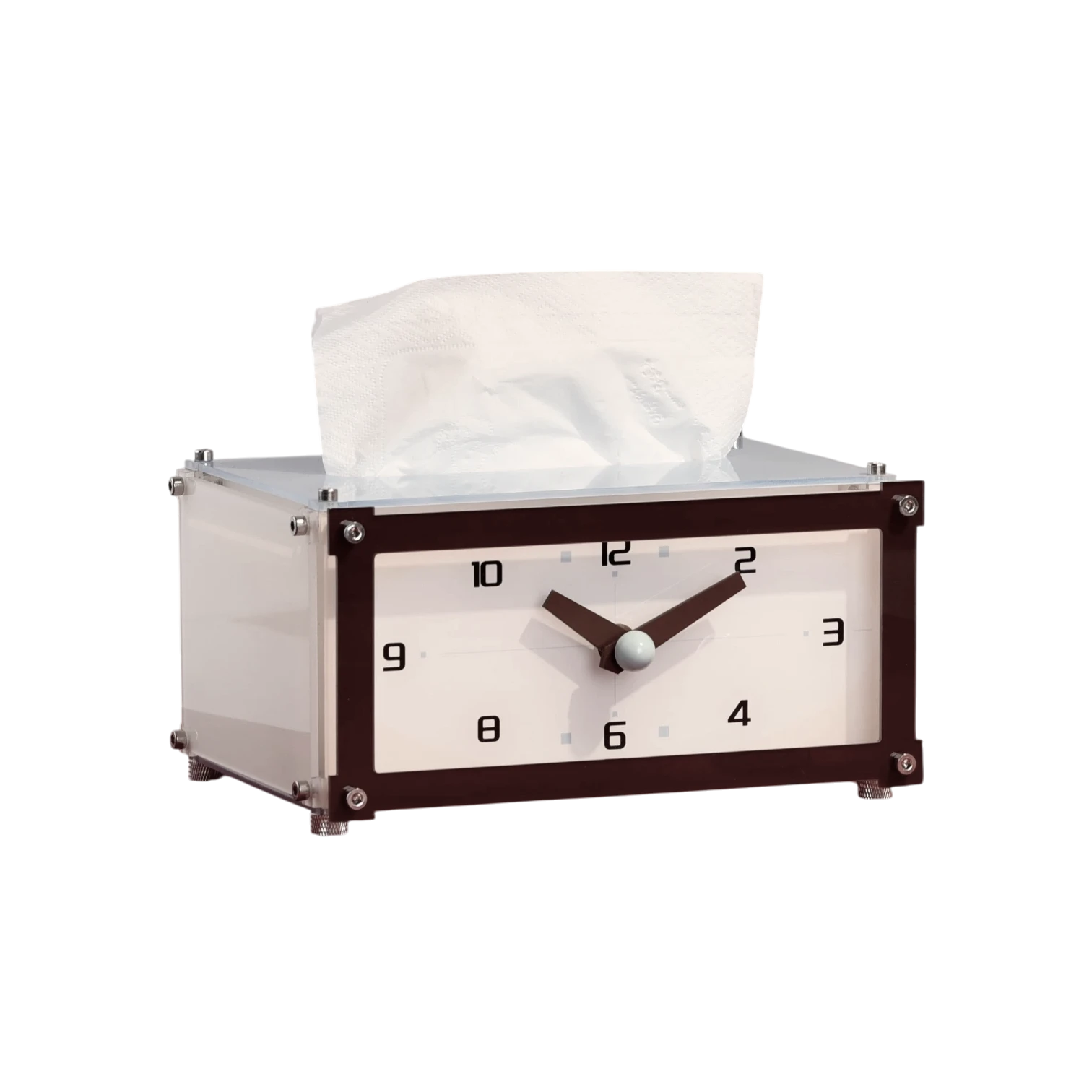HOMELIVY analog clock tissue box in white and dark brown acrylic with a functional clock face design.