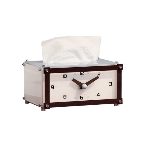 HOMELIVY analog clock tissue box in white and dark brown acrylic with a functional clock face design.