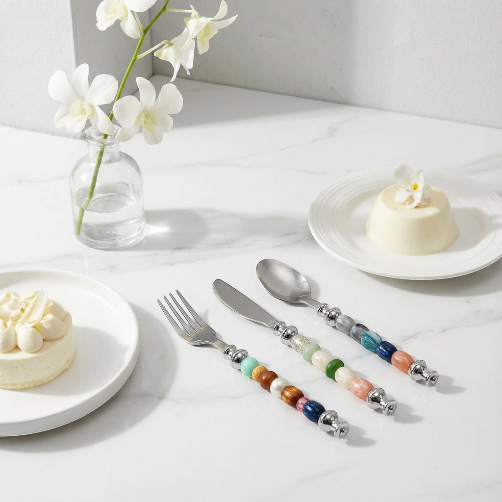 HOMELIVY beaded cutlery set featuring stainless steel fork, knife, and spoon with colorful decorative bead handles.