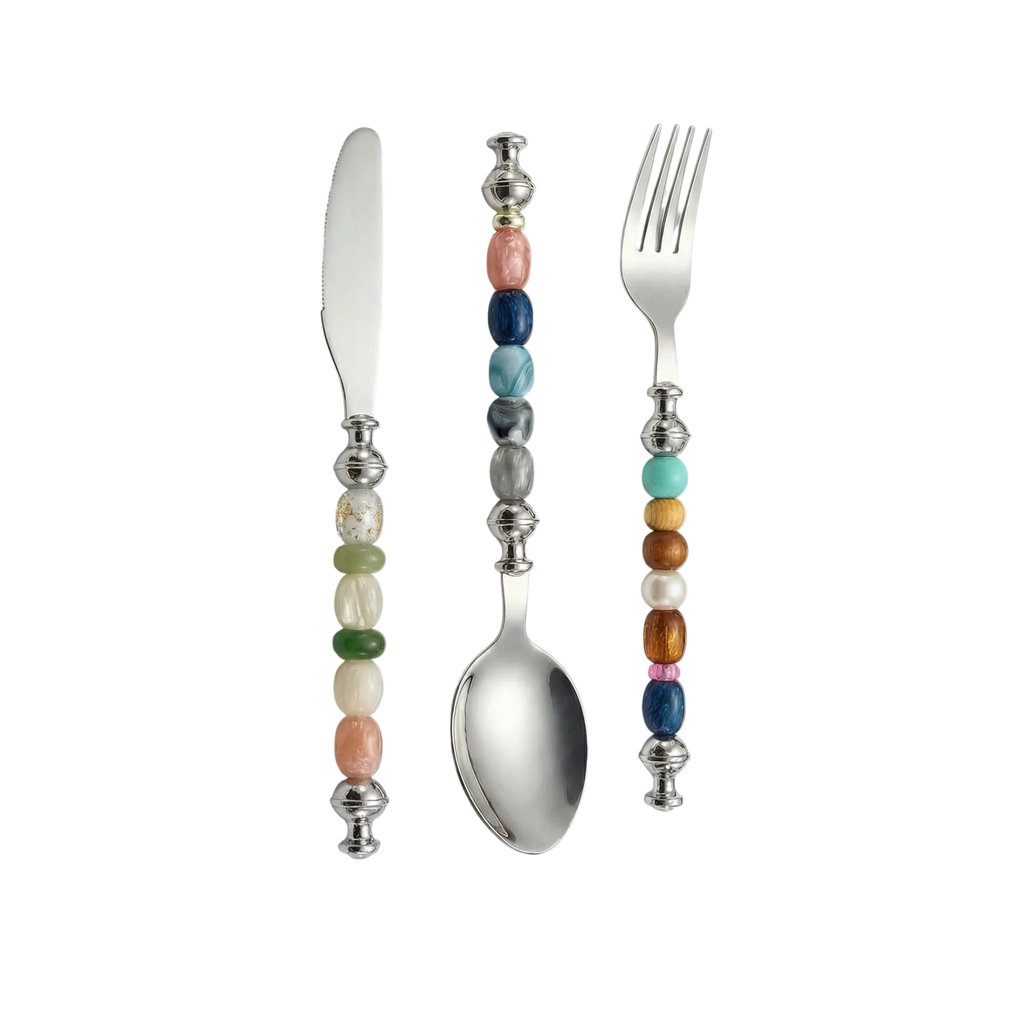 HOMELIVY beaded cutlery set featuring a stainless steel knife, spoon, and fork with colorful decorative bead handles.