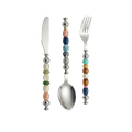 HOMELIVY beaded cutlery set featuring a stainless steel knife, spoon, and fork with colorful decorative bead handles.