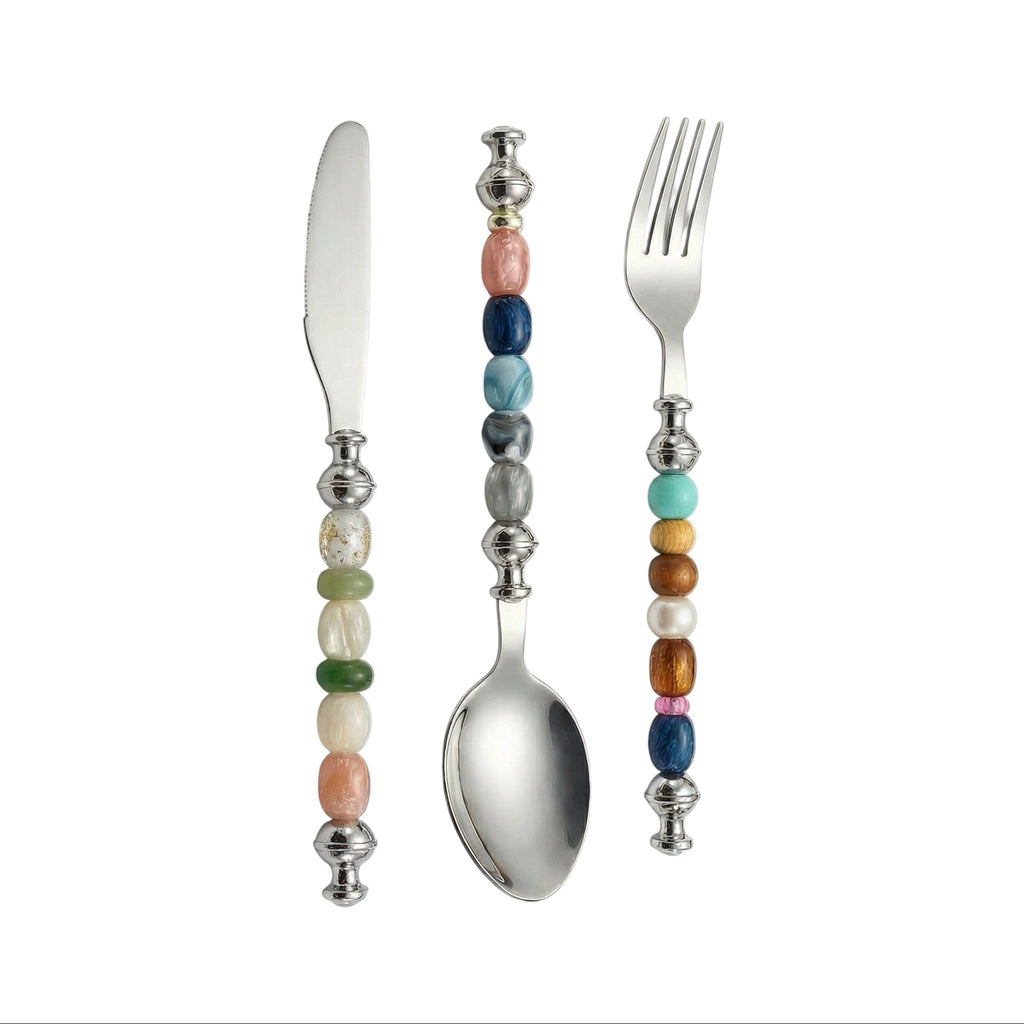 HOMELIVY beaded cutlery set featuring a silver knife, spoon, and fork with colourful decorative resin bead handles.