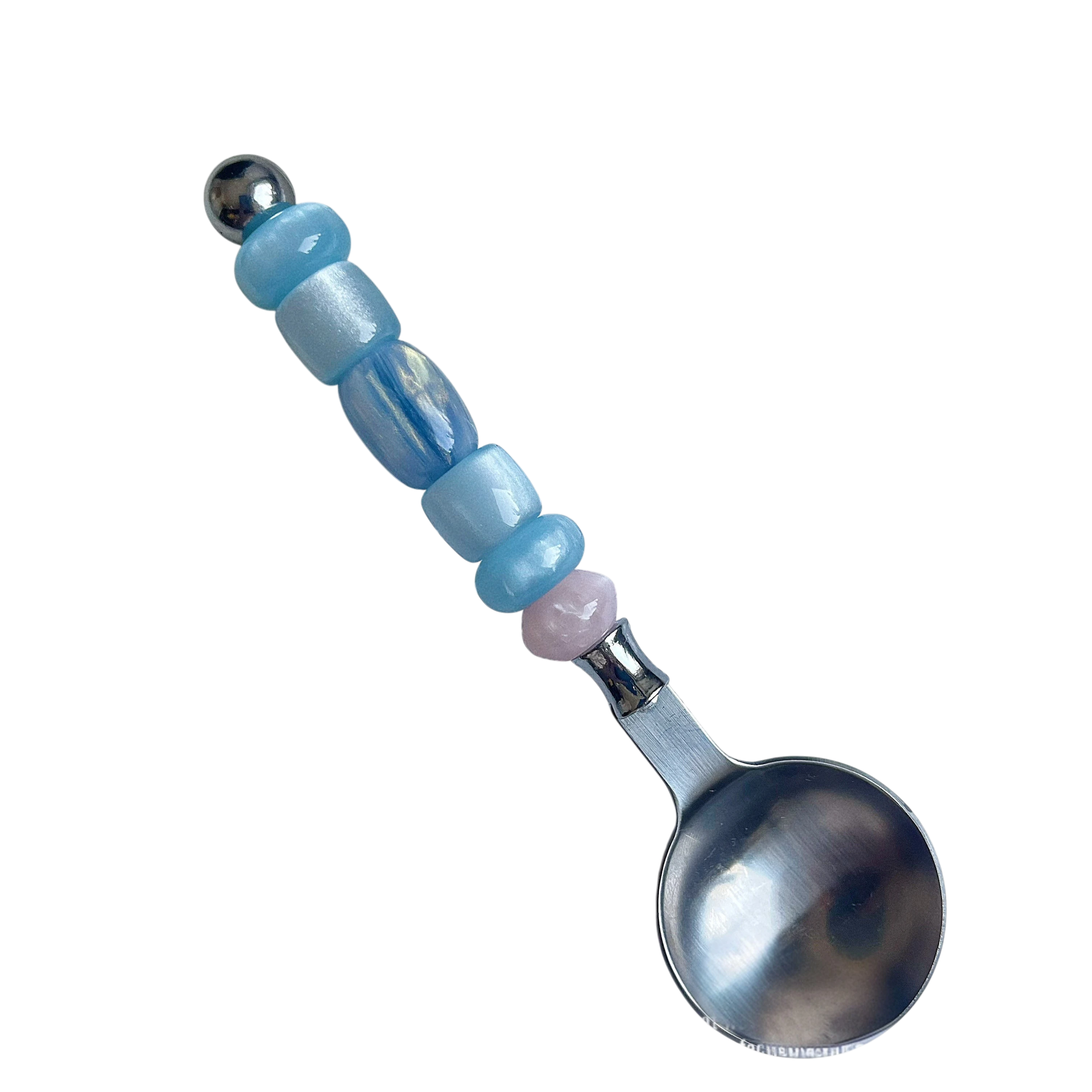 HOMELIVY decorative spoon with a handle featuring blue and pink beads and a polished stainless steel bowl.